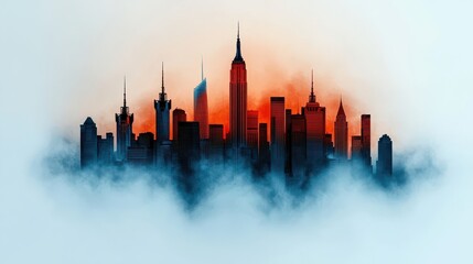 Obraz premium City Skyline at Sunrise, Dark Buildings Against Orange Sky, Low Cloud