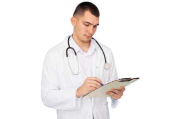 Young male doctor wearing lab coat and stethoscope writing notes on clipboard, isolated on transparent background