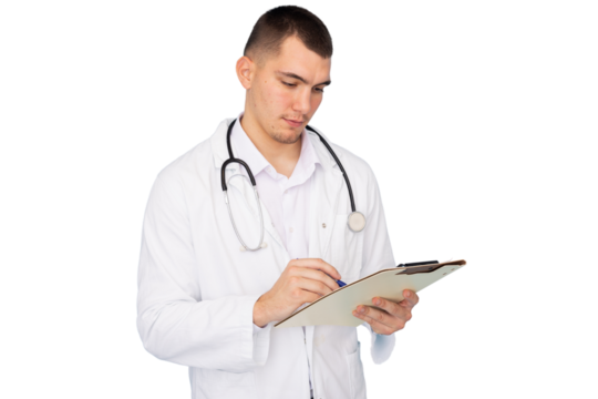 Young male doctor wearing lab coat and stethoscope writing notes on clipboard, isolated on transparent background