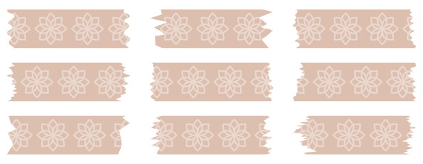 Set of beige washi tapes with pattern isolated on white. Tapes collection in vector. Pieces of decorative tape for scrapbooks. Torn paper. Spring, summer