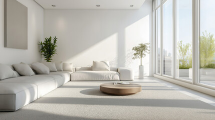 Fototapeta premium Bright and modern living room featuring a large sectional sofa, elegant coffee table, and natural light filtering through large windows
