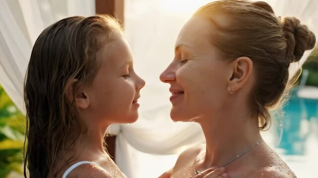 A tender moment between a mother and daughter as they share a kiss by a serene poolside, surrounded by lush greenery and soft sunlight