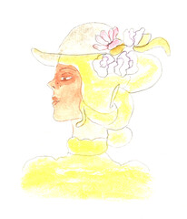 Head of a young woman in profile, side view, with hat and flowers. Watercolor illustration, hand drawn modern freehand new