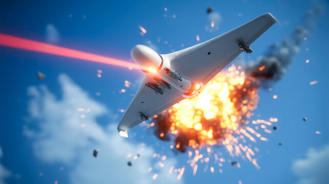 Drone equipped with laser weaponry fires on target during a combat scenario in sky. Shahed drone crashed and destroyed using a laser weapon from the ground