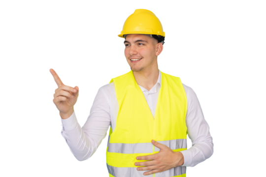 Young engineer wearing safety helmet and vest pointing with his finger on transparent background - Powered by Adobe