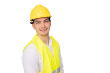 Confident engineer in hardhat and safety vest, standing with professional smile, ready for graphic design project against transparent background