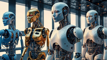 AI robots, future robots futuristic scenes showing the evolution of artificial intelligence