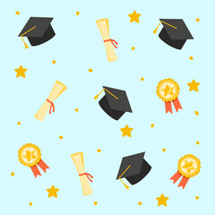 Seamless pattern of graduation caps, diplomas, medals, and stars. Ideal for backgrounds, wrapping paper, or school design.