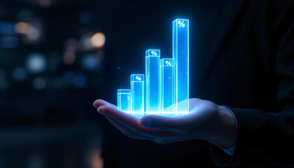 Business Growth and Investment Concept, Digital Bar Chart for Financial Success, Hand Holding Glowing Growth Graph
