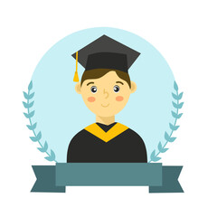 illustration of a male graduate with ribbon banner and laurel leaves. Suitable for graduation invitations or cards