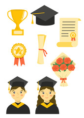 Graduation vector set with cap, trophy, diploma, medals, and bouquet. Perfect for event designs and celebration materials.