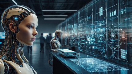 AI robots, future robots futuristic scenes showing the evolution of artificial intelligence