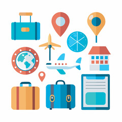 Flat travel icons with suitcase and airplane 