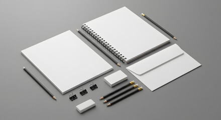 Minimalistic Office Stationery Set on Grey Background