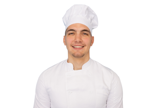 Professional chef in white uniform and toque, smiling confidently against transparent background - Powered by Adobe