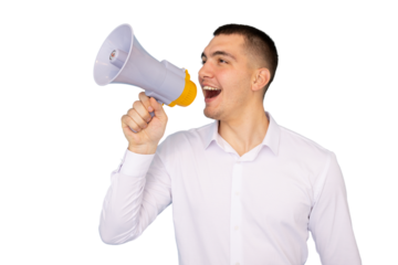 Office worker speaking loudly using a megaphone, isolated on transparent background, ideal for marketing and communication concepts
