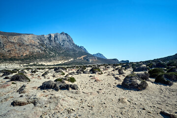 Mountains, rocks and boulders in Balos Lagoon on the island of Crete
