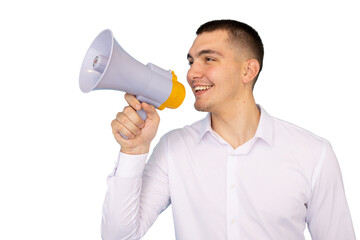 Office worker using a megaphone to promote a message, isolated on a transparent background, dressed...