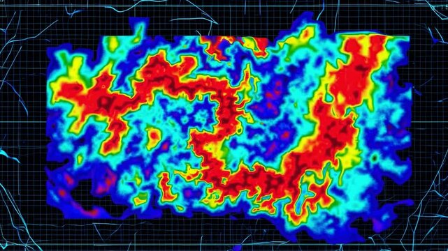 Colorful Abstract Visualization of Complex Data Patterns with Grid Overlay on Dark Background