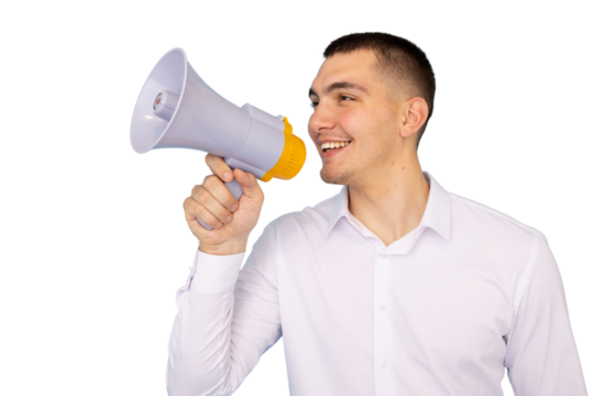 Office worker using a megaphone to promote a message, isolated on a transparent background, dressed in a white shirt