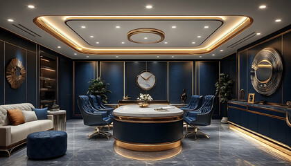 An opulent meeting room with a blue and gold color scheme, marble flooring, and a large central table