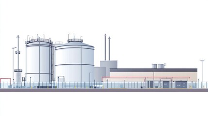Illustrated factory facility with large tanks and building against a white background