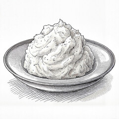 Mashed potatoes on plate in detailed monochrome drawing for vintage cookbook or classic menu design