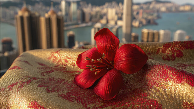Close-up of a red bauhinia brooch on silk, golden light on petals, festive city backdrop - celebrating Hong Kong's establishment day with elegance.