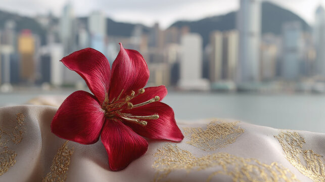Close-up of a red bauhinia brooch on silk, golden light on petals, festive city backdrop - celebrating Hong Kong's establishment day with elegance.