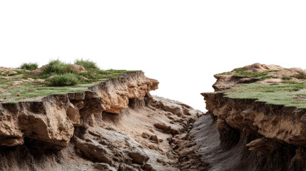 Fototapeta premium Erosion Divide:A stark divide showcases geological erosion with soil, cliff, and grass against the sky.