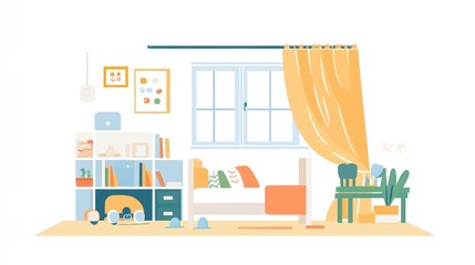 Stylized, bright and airy bedroom with bed, desk, bookshelf and window