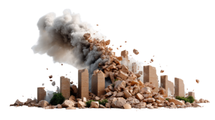 Urban Demolition: A dynamic depiction of urban decay, with buildings collapsing amidst a cloud of dust and debris, symbolizing the destructive forces of societal collapse or change. 