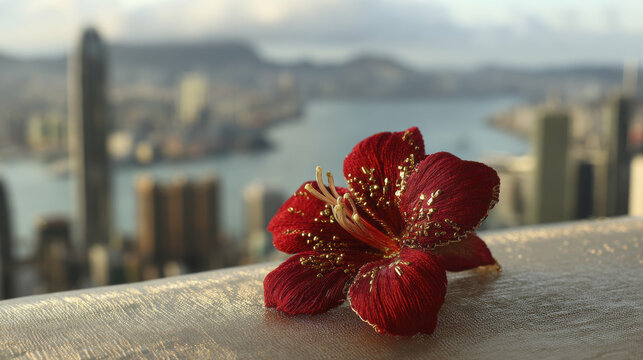 Close-up of a red bauhinia brooch on silk, golden light on petals, festive city backdrop - celebrating Hong Kong's establishment day with elegance. - Powered by Adobe