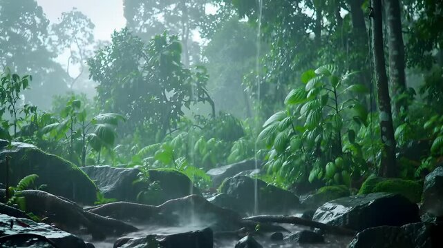 Rain Falling in Lush Green Rainforest with Tropical Plants and Jungle Ambience
