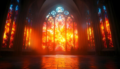 Arched hall featuring stained glass windows, illuminated intensely with warm light casting dramatic shadows