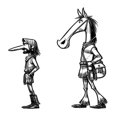 A black and white cartoon drawing featuring a man with an elongated nose and a horse man. Both figures are standing next to each other.
