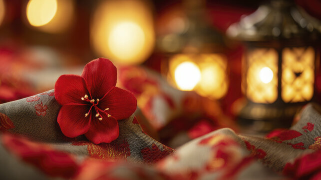 Red bauhinia floral pin adorning silk fabric under warm light, soft-focus metropolis backdrop with glowing lanterns conveying regional pride