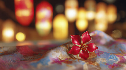 Red bauhinia floral pin adorning silk fabric under warm light, soft-focus metropolis backdrop with glowing lanterns conveying regional pride