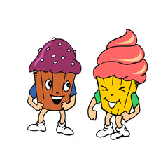 cute cupcake character cartoon mascot. kawaii mascot character illustration hand drawn sketch