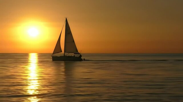 Sailboat Gliding on Ocean During Golden Hour Sunset with Warm Sky Reflection