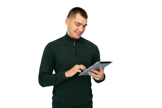 Young man engaging with a digital tablet against a transparent background, working or browsing online for information and communication