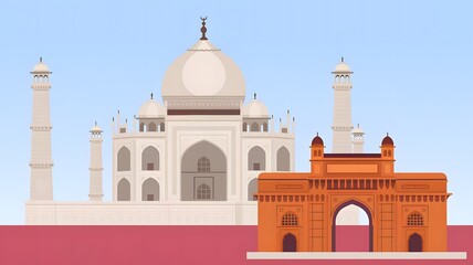 Fototapeta premium An illustration of the Taj Mahal in Delhi with the Gateway of India in Mumbai.