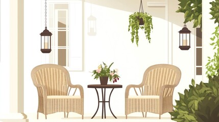 Sunny porch features chairs, table, flowers, lanterns, plants, and bright white siding
