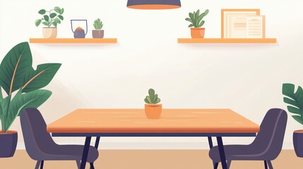 Cozy indoor scene of a dining table with potted plants and wall-mounted shelves