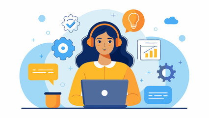 Woman with headphones working on laptop illustration