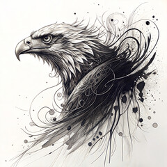 Eagle illustration with abstract swirls and splashes in black and white, print illustration  