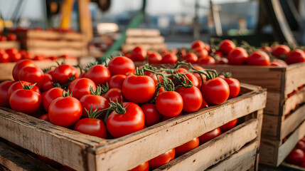 Tomatoes In Wooden Crates At Port With Ship. Fresh Produce Concept.