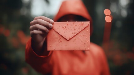 Postal worker delivers a rain-soaked letter in a vibrant orange uniform on an overcast day  National Postal Workers and U S  Postage Stamp Day