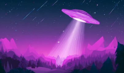 Unidentified flying object  Night landscape  World UFO day illustration  Neon illustration with unidentified object