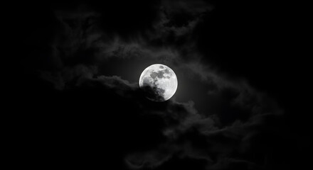 Full Moon Behind Dark Clouds on Black Background
